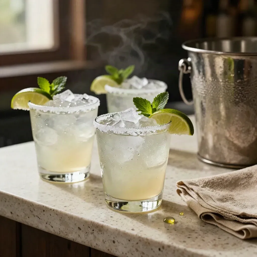 Tres cócteles con hielo, menta, lima y cubitera metálica sobre barra de travertino.