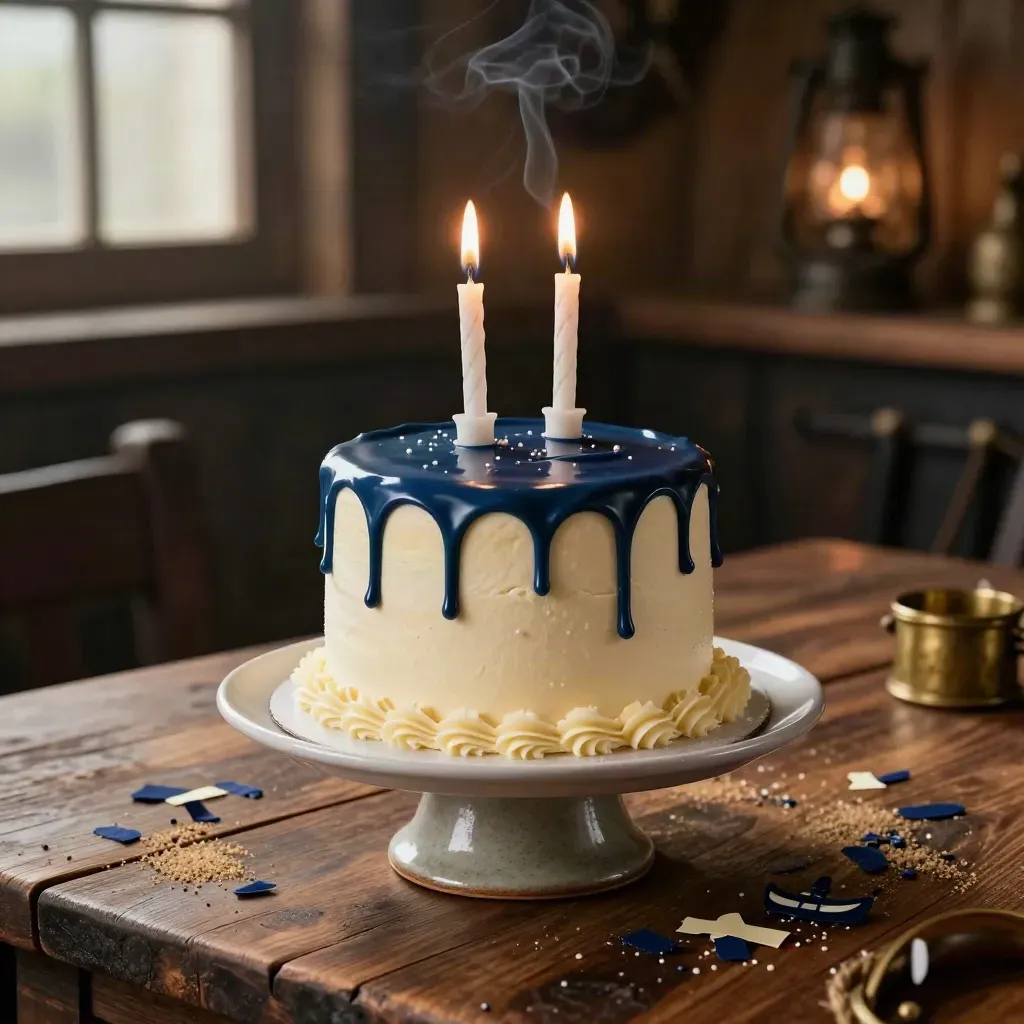 Tarta pequeña de cumpleaños pirata con velas, confeti náutico y plato de postre.
