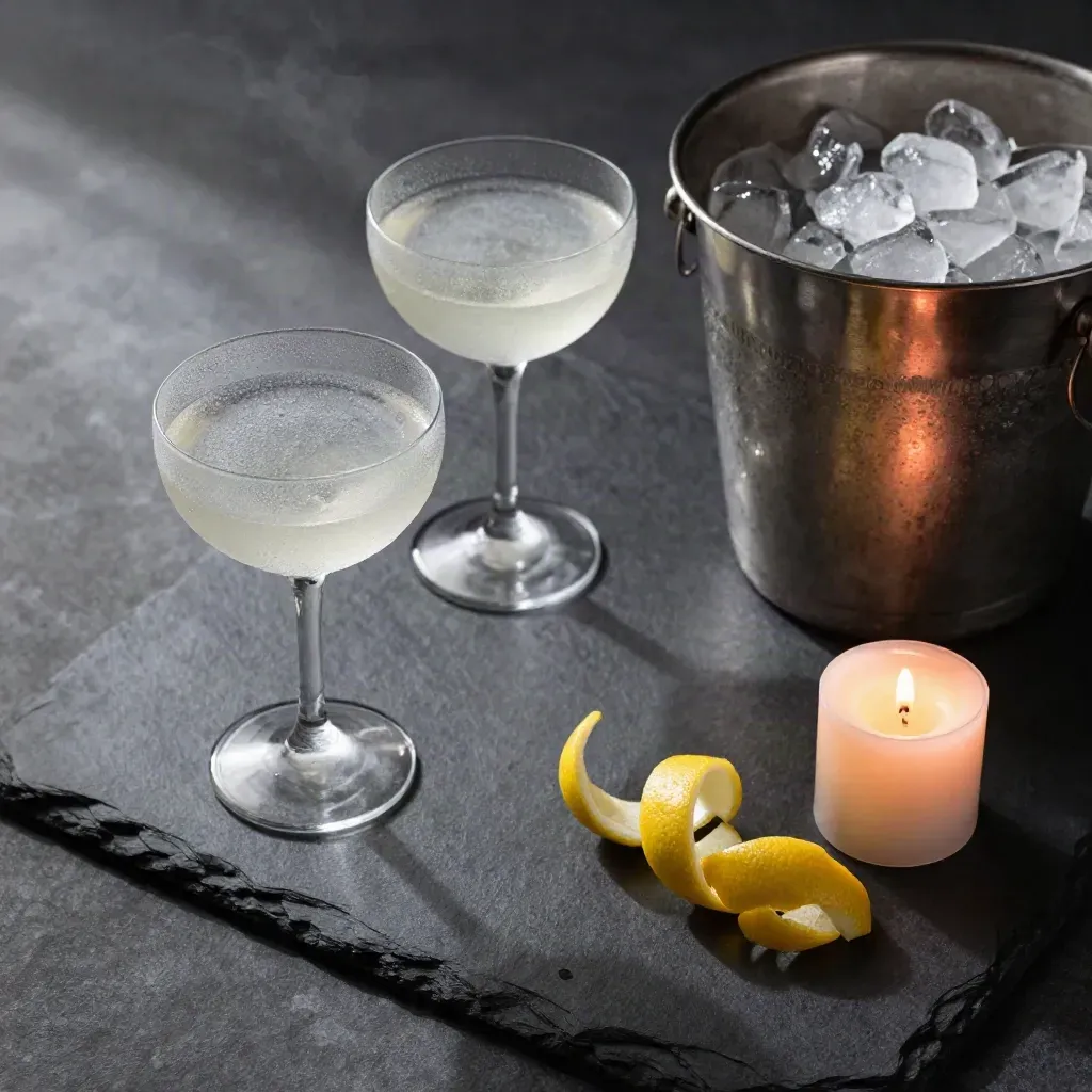 Dos copas coupé con cubitera y limón sobre piedra oscura, con vela y vapor suave.