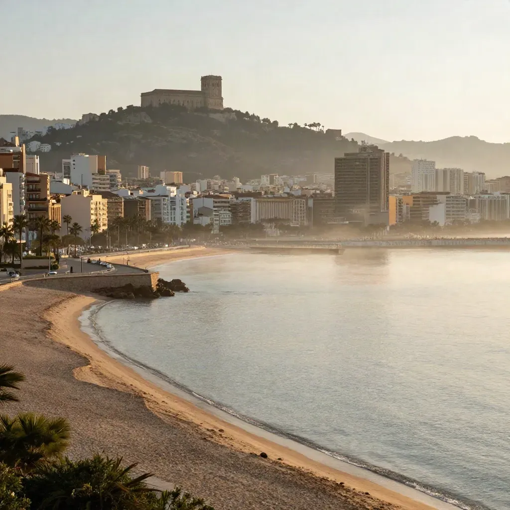 Bahía de Málaga al amanecer con Gibralfaro alto y el puerto en calma bajo la bruma