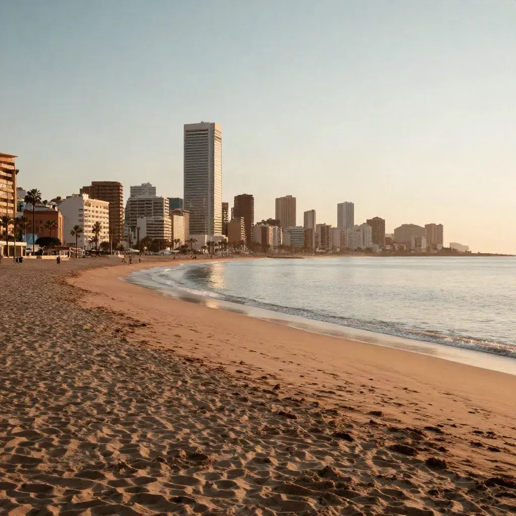 Bahía de Levante al atardecer con Benidorm alto y playa vacía y tranquila.